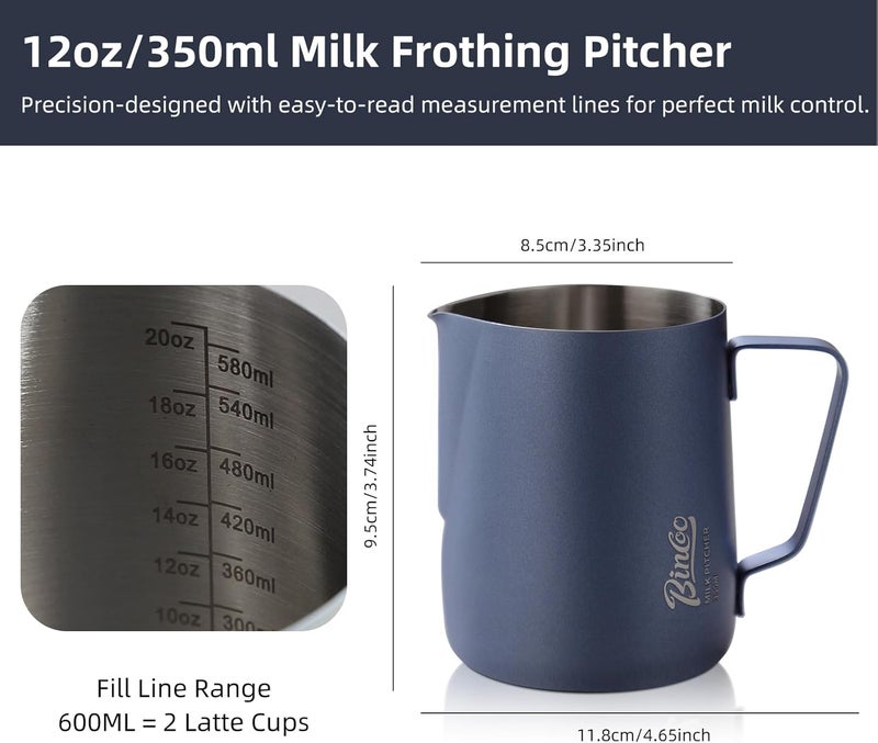 Bincoo Milk Frothing Pitcher - 350ml/12oz Milk Frother Cup Espresso Steaming Pitcher for Barista, SUS304 Stainless Steel Espresso Steaming Pitchers for Latte Art/Cappuccino/Coffee (Dark-Blue-350ml) - Image 3